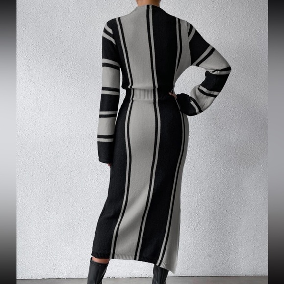 Cozy Striped Pattern Slit Hem Sweater Dress - Picture 3 of 7